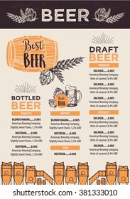 Beer restaurant brochure vector, alcohol menu design. Vector bar template with hand-drawn graphic. Beer flyer.