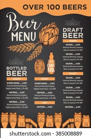Beer restaurant brochure vector, alcohol menu design. Vector bar template with hand-drawn graphic. Beer flyer.