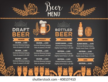 Beer restaurant brochure vector, alcohol menu design. Vector bar template with hand-drawn graphic. Beer flyer.