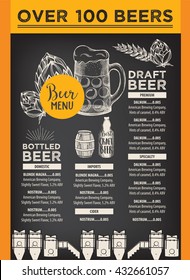 Beer restaurant brochure vector, alcohol menu design. Vector bar template with hand-drawn graphic. Beer flyer.