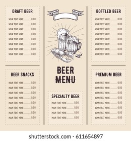 Beer restaurant brochure vector, alcohol menu design. Vector bar template with hand-drawn graphic. Beer flyer.