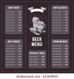 Beer restaurant brochure vector, alcohol menu design. Vector bar template with hand-drawn graphic. Beer flyer.