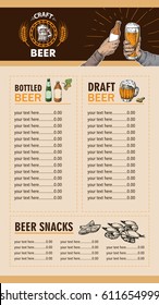 Beer restaurant brochure vector, alcohol menu design. Vector bar template with hand-drawn graphic. Beer flyer.