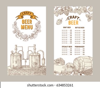 Beer restaurant brochure vector, alcohol menu design. Vector bar template with hand-drawn graphic. Beer flyer.