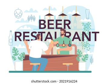 Beer restaurant typographic header. Glass bottle and vintage mug with craft alcohol drink. Craft beer production. Bar or pub menu. Isolated flat vector illustration