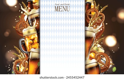 The beer restaurants designer menu is decorated with mugs of foamy beer and pretzels. Highly realistic illustration.