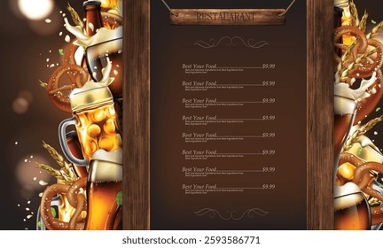 The beer restaurants designer menu is decorated with mugs of foamy beer and pretzels. Highly realistic illustration.