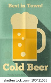 Beer Retro Poster in Retro Flat Design Style. Big Mug of Beer on Blue Background. Vector Illustration.