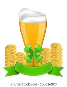 Beer, ribbon, four-leaf clover and golden coins image for St. Patrick's Day