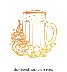 Flor de rosa de cerveza con diseño de bebida vintage. Estilo vectorial de adorno de marco floral Pub. Ilustración de Wreath de diseño de decoración.