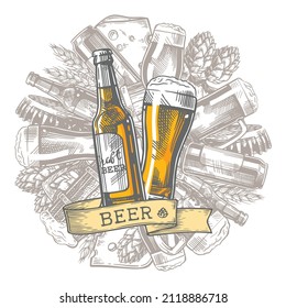 Beer round design in Outline Hand Drawn Doodle Style with Different Objects on Beer Theme. Vintage vector engraving illustration for web, poster, invitation to party.