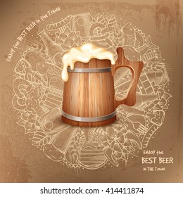 Beer round design in Outline Hand Drawn Doodle Style with Different Objects on Beer Theme. Beer and Snack. Colorful. All elements are separated and editable.  Vector Illustration. 