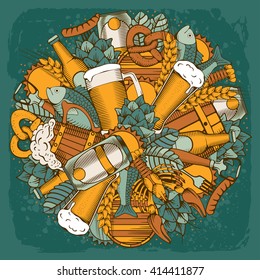 Beer round design in Outline Hand Drawn Doodle Style with Different Objects on Beer Theme. Beer and Snack. Colorful. All elements are separated and editable.  Vector Illustration. 