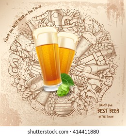 Beer round design in Outline Hand Drawn Doodle Style with Different Objects on Beer Theme. Beer and Snack. Colorful. All elements are separated and editable.  Vector Illustration. 