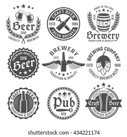 Beer round emblem or label set with descriptions of locally brewed beer craft beer premium quality vector illustration