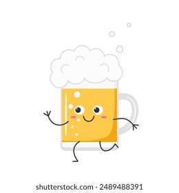 Cerveza corriendo lindo personaje de dibujos animados cara sonriente alegre kawaii alegría feliz emociones icono Ilustración vectorial.