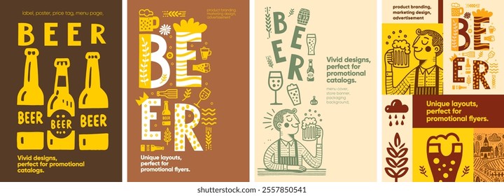 Beer. Rustic and bold beer-themed layouts with hand-drawn elements, tailored for promotional materials, packaging, and catalog designs.