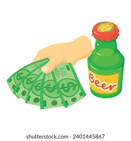 Beer sale icon isometric vector. Closed beer bottle and dollar bill in man hand. Production, business
