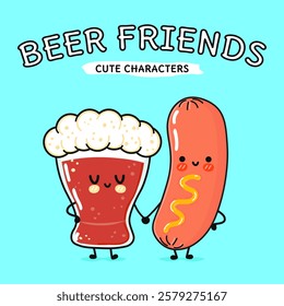 Beer and sausage cartoon friends on light blue background. Vector hand drawn cartoon kawaii characters, illustration icon. Funny cartoon glass of beer and sausage mascot character concept