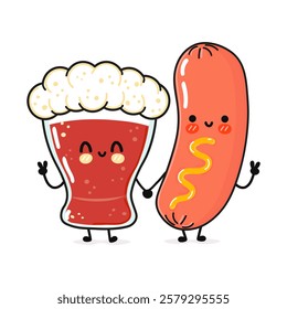 Beer and sausage cartoon friends on light blue background. Vector hand drawn cartoon kawaii characters, illustration icon. Funny cartoon glass of beer and sausage mascot character concept