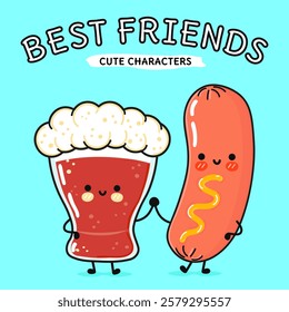 Beer and sausage cartoon friends on light blue background. Vector hand drawn cartoon kawaii characters, illustration icon. Funny cartoon glass of beer and sausage mascot character concept