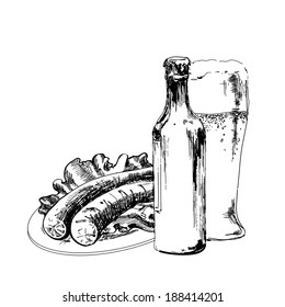 Beer with sausage. Hand drawn graphic illustration