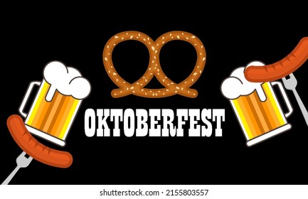 Beer and sausages on a fork for oktoberfest, vector art illustration.