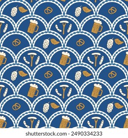 Beer scallop seamless pattern. Oktoberfest arch repeat background. Pretzel, sausage and mug with beverage retro endless design. Vector hand drawn doodle illustration.