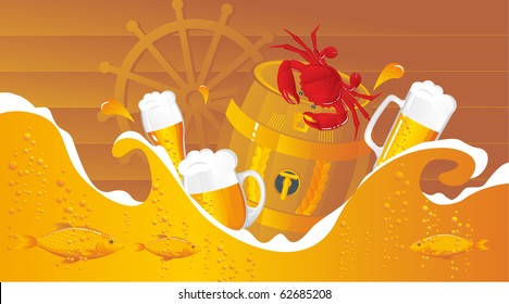 The beer sea with beer kegs, beer mugs and seafood in sea style