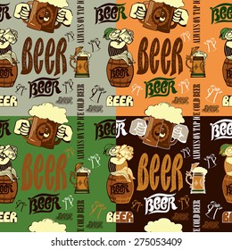 Beer seamless contains images of beer mugs,hands with beer mugs,men on the oak cask and text. Beer seamless patterns set.