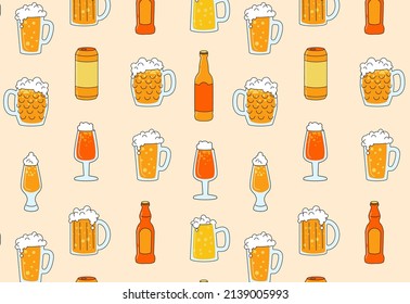 Beer seamless pattern. Background elements of beer glasses, bottles, mugs. Useful for brewery, festival, bar, pub advertising or menu. 