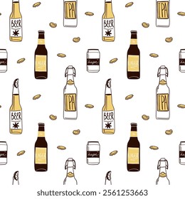 Beer seamless pattern. Bottle, glass and can. Alcohol beverages, ale, lager and ipa, craft brewery. Oktoberfest pub bar drinks. Decor textile, wrapping, wallpaper. Print for fabric. Vector background