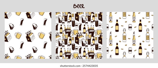 Beer seamless pattern. Bottle, glass and can. Alcohol beverages, ale, lager and ipa, craft brewery. Oktoberfest pub drinks. Decor textile, wrapping, wallpaper. Print for fabric. Vector background