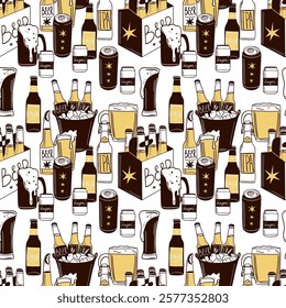 Beer seamless pattern. Bottle, glass and can. Alcohol beverages, ale, lager and ipa, craft brewery. Oktoberfest pub drinks. Decor textile, wrapping, wallpaper. Print for fabric. Vector background