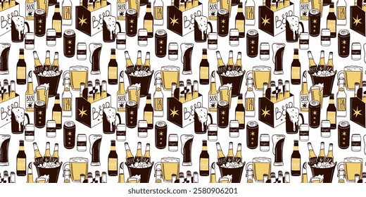 Beer seamless pattern. Bottle, glass and can. Alcohol beverages, ale, lager and ipa, craft brewery. Oktoberfest pub drinks. Decor textile, wrapping, wallpaper. Print for fabric. Vector background