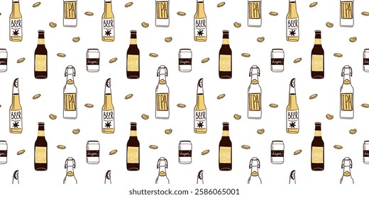 Beer seamless pattern. Bottle, glass and can. Alcohol beverages, ale, lager and ipa, craft brewery. Oktoberfest pub drinks. Decor textile, wrapping, wallpaper. Print for fabric. Vector background