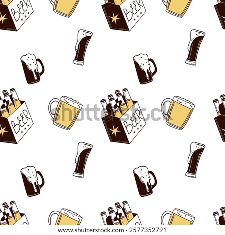 Beer seamless pattern. Bottle, glass and can. Alcohol beverages, ale, lager and ipa, craft brewery. Oktoberfest pub drinks. Decor textile, wrapping, wallpaper. Print for fabric. Vector background