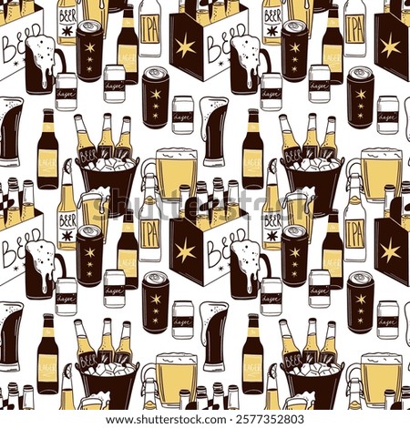 Beer seamless pattern. Bottle, glass and can. Alcohol beverages, ale, lager and ipa, craft brewery. Oktoberfest pub drinks. Decor textile, wrapping, wallpaper. Print for fabric. Vector background