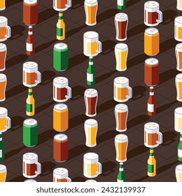 Beer seamless pattern with bottles, glass, cups, and cans of beer on brown background