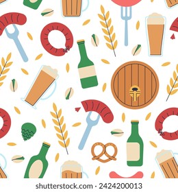 Beer seamless pattern. Brewery elements background. Oktoberfest food and drinks, wooden barrels and sausages. Trendy decent vector print design