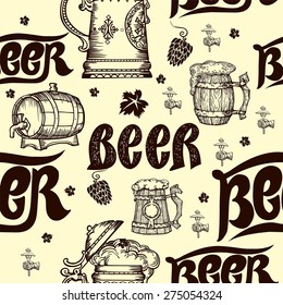 Beer seamless pattern contains images of beer tun,beer mug,hop and text.Beer seamless  pattern.