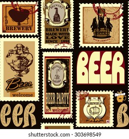 Beer seamless pattern contains images of postage stamps for beer theme and text.Beer seamless pattern.Vintage style.