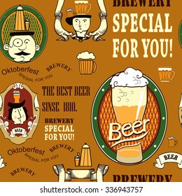 Beer seamless pattern. Pattern contains images of beer label with beer glass,man, dame, beer mug and text. Vintage style.