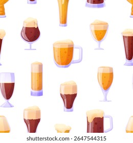 Beer seamless pattern. Different cartoon beer glasses. Tasty drink, oktoberfest festival design. Dark light beverages, adult pub drinks, vector background