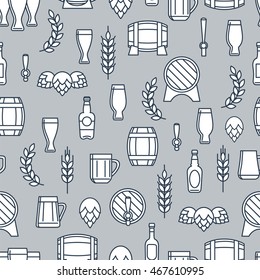 Beer seamless pattern with flat elements. Barrels bottles glasses wheat hop. Vector illustration