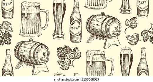 Patrón de cerveza sin fisuras con vidrio de cerveza, taza, botella, barril y espiral de lúpulo. Aislado. El vector esboza el fondo de la ilustración dibujada a mano. Volante, publicidad en folletos y diseño. Estilo de arte de línea.