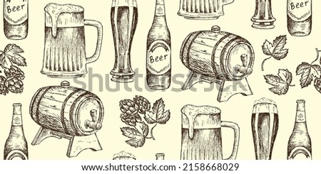Beer seamless pattern with beer glass, mug, bottle, barrel and hop sprig. Isolated. Vector sketches hand drawn illustration background. Flyer, booklet advertising and design. Line art style.
