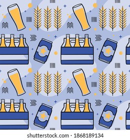 Beer Seamless Pattern with Beer Glass, Wheat, Beer 6-Pack, and Can. You can use this design to create poster, tshirt, cup, pillow, tote bag, pouch, phone case, etc.