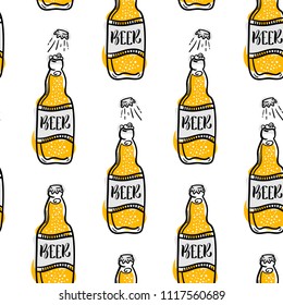 Beer Seamless Pattern. Hand Drawn Doodle Style. Vector Illustration.