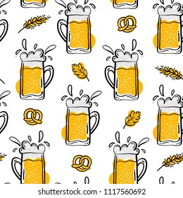 Beer Seamless Pattern. Hand Drawn Doodle Style. Beer and Snack. Vector Illustration.